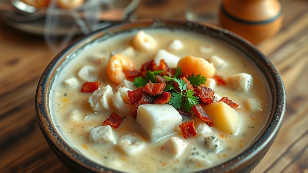 Creamy Seafood Chowder Recipe A hearty bowl of creamy seafood chowder with fish, shrimp, and potatoes, garnished with bacon and parsley, on a rustic wooden table.